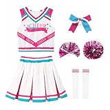 LOLANTA Girls Pink Cheerleader Costume Kids Cheerleading Outfit with Pompoms Socks, World Book Day Costumes for Girls(Pink,7-8 Years,Tag Size 130)
