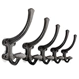 Ambipolar 5-Pack Cast Iron Heavy Duty Double Wall Hooks, Vintage Black Coat Hooks Wall Mounted for Mudroom, Hat Rack, Purse Hooks