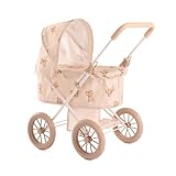 Roma Teddy My First Dolls Pram - Baby Doll Accessories with Teddy Design, Metal Frame, Safety Belt, Fits Dolls Up to 20 Inches, 55cm Handle, Beige, Ages 2+, Sturdy 4-Wheel Design