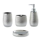 Silver Bathroom Accessory Set 4 Piece Ceramic Bath Accessories Sets Complete, Rain- Drop Shaped Bathroom Essential with Toothbrush Holder & Dish, Tumbler, Soap Dispenser Set for Bath Decor
