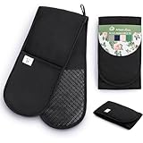 Black Double Oven Gloves Heat Resistant Silicone Oven Mitts Pair | Non-Slip Silicone Oven Gloves Double Oven Mitt | Machine Washable Thick Potholders Home & Kitchen Accessories.