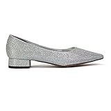 ESSEX GLAM Womens Low Heel Bridal Shoes Ladies Slip On Pointed Toe Flats Wedding Evening Party Silver Glitter Pumps Size 4