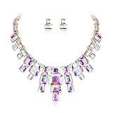 Ever Faith Iridescent Jewellery Sets for Women, Vintage Rhinestone Crystal Art Deco Costume Chunky Collar Necklace Stud Earrings Set Gold-Tone