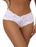 comeondear Lace Brazilian Knickers for Women Plus Size High Waisted Cotton French Knickers Sexy Panties Full Underwear Bikini Pants Hipster Briefs White UK 18