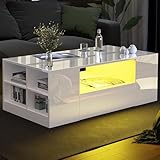 Blisswood Led Coffee Table with 2 Drawer Storage, High Gloss Coffee Table for Living Room Wooden Centre Table with RGB Led Lights Rectangle Tea Table for Living Room Furniture, White