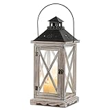 Sziqiqi 48cm Vintage Distressed Wood Metal Candle Lantern - Decorative Rustic Shabby Wedding Centerpiece for Table, Hanging Farmhouse Indoor and Outdoor Decor