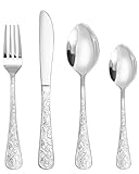 SHEUMNT 24-Piece Silver Vintage Carved Silverware Set for 6, Stainless Steel Flatware Set with Knife/Fork/Spoon, Cutlery Set for Home and Kitchen, Utensil Set with Dishwasher Safe