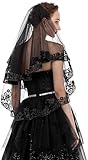 SUNHUITOY Black Lace Veil, Bridal Wedding Veils Halloween Veil Creative Mantilla Cathedral Tulle Sheer Wedding With Comb (Black 4)