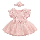 Baby Girl Lace Tulle Romper Tutu Dress Ruffle Sleeve Flowers Bodysuit Summer Overall Princess Party Dress with Headband 2Pcs Outfit (A-Pink, 6-12 Months)