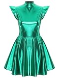 Sinleey Womens Shiny Metallic A-line Dress Cap Sleeve Skater Mini Dress Holographic Rave Party Dance Costume Green L