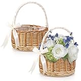 Lyellfe 2 Pack Flower Girl Basket, Handmade Wicker Rattan Basket with Handle Silk Ribbon, Decorative Eggs Candy Basket for Gifts, Wedding, Camping, Home Decor