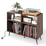 Multigot Record Player Stand, Wooden Vinyl Albums Storage Cabinet with 6 Open Shelves & 5 Metal Legs, Turntable Stand Sofa Side End Table for Living Room Bedroom (with Charging Station, Rustic Brown)