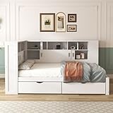 LTGB Platform Bed with Trundle & Bookcase & USB, 3ft Single Bed, Multifunctional Household Bed with 2 Storage Drawers, Dust-Proof Cabinet and Shelves, Large Storage Space, 190 x 90 cm, White