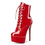 Aachcol Women Ankle Boots Short Bootie Platform Stiletto High Heel Round Toe Dress Shoes Lace-up Patent 6.5 Inch, Red, 8 UK
