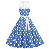 Women's Vintage Rockabilly Cocktail Party Dress - Polka Dot Halter Neck Sleeveless Retro A Line Swing Flowy Tea Dress - Audrey Hepburn 50s 60s Dance Gown - Clearance - Light Blue