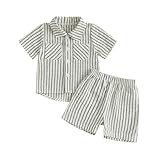 M9ppzzur7 Toddler Baby Boy Shorts Set Striped Collared Short Sleeve Button-up Tops Elastic Waist Striped Shorts 2Pcs Summer Clothes Set (Black, 2-3T)