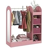 AIYAPLAY Kids Clothes Rail, Children Dress Up Storage with Storage Shelf, Boxes, Mirror, Kids Wardrobe for Bedroom, Nursery, Pink