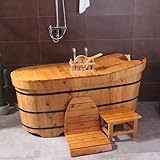 MegLob Free Standing Wooden Bathtub Lit, Japanese Style Solid Wood Soaking Tub with Foldable Wooden Thermal Lid, Mobile Spa Deep Soaking Tub Alone Stand, Classic Oriental Bathtub,160cm/62.99"