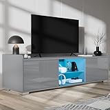 Blisswood TV Unit – 140 Cm High Gloss LED TV Stand Cabinet with 20-Colour RGB Lights, Glass Shelf, Cupboards & Storage, Stylish Tv Cabinet for Living Room Furniture, Suitable for 43–55” TVs (Grey)