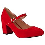 Womens Ladies MID Block Heel Mary Jane Office Work Formal Strap Dolly Shoes Size Red Faux Suede