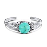 Bling Jewelry Nature Leaf American Indian South Western Navajo Style Flowers Round Cabochon Statement Turquoise Wide Cuff Bracelet For Women .925 Sterling Silver