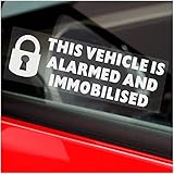 5 x Stickers This Vehicle is Alarmed and Immobilised Window Signs PADLOCK Design Security Warning Immobiliser Fitted Car Van Truck Caravan Motorhome Lorry Taxi Minicab Notice WHITE onto CLEAR 75x25mm