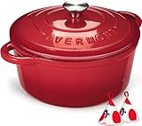 Overmont 26cm/5.2L Enamelled Cast Iron Round Casserole Dish With Lid,5.5QT, Cookbook -Non-stick Dutch Oven for Braising, Stews, Roasting, Bread Baking - Cherry red
