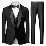 KUDMOL Mens 3 Pieces Suit Slim Fit One Button Shawl Lapel for Wedding Prom Blazer Vest Trousers Set（Black,M
