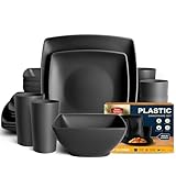 Teivio 16-Piece Kitchen Reusable Plastic Square Dinner Set, Service for 4, Dinner Plate, Dessert Plate, Cereal Bowl, 13.5 oz Cup, Unbreakable Plastic Plate and Bowl Set, Outdoor Camping Dishes, Black