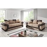 Furnishings For Less UK New Large Dino Fabric and Leather sofa Suite Brown and Beige 3 and 2 Seater Scatter Back (Brown and Beige, Sofa Suite (3 + 2))