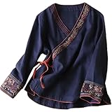 Chinese Cotton Embroidery Top Women's Summer Oriental Loose Top Chinese Shirt Chinese Clothes Blue L