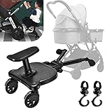 Vihir Universal Buggy Board with Seat, Kiddy Board, Pram Accessory for Children from 2-6 Years (25 kg), Compatible with Almost Every Stroller and Pram, Black, with 2 pram Hooks