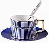 Eplze® Elegant Bone China Cup and Saucer Set, 8oz Coffee Cup for Afternoon Tea- Stripe Pattern (Blue)