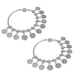2PCS Women Beach Anklet Tribal Ethnic Coin Tassel Gypsy Anklets Chain Adjustable Boho Anklets Foot Chain Jewellery (Sliver)
