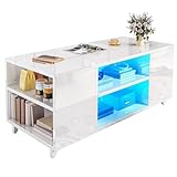 YITAHOME Coffee Table with High Gloss Surface, Coffee Tables for Living Room with LED Light String, Rectangle Tea Table with Adjustable Storage Shelf, 97.5x48x45cm