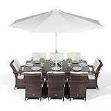 Arizona Large Rattan Dining Set | Luxury Rectangular 8 Seater Brown Rattan Table & Chairs Set with Ice Bucket Drinks Cooler | Outdoor Poly Rattan Garden Dining Furniture Set with Parasol & Cover