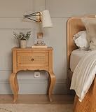 Louis Oak Bedside Table, Rattan Cane Drawer Front, Aged Brass Handle, Cabriole Legs | W54cm D36.5cm H69cm | Assembled French Style Night Stand in Weathered Oak