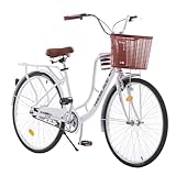 BSTSEL 26Inch Wheel Womens Ladies White Bike & Basket 16" Frame Vintage Bike, 7 Speed Gears Classic Retro Bicycle, Dutch Bicycle City Bike for Work