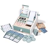 Donmills Wooden Toy Cash Register for Kids, Wooden Montessori Toys for Toddlers Shopping Playset, Kids Cash Register with Scanner & Drawer, Educational Pretend Play Toy Gift for Girls and Boys
