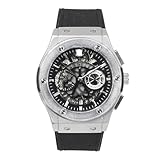 Techno Pave Men's Skeleton Dial Watch - 44mm Luxury Design, Adjustable Leather Strap, and Bold Hip-Hop Aesthetics, Silver Black, mens-standard