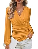 GRACE KARIN 2024 Womens Tops Summer Elegant Wrap Blouse V Neck Long Sleeve Dressy Casual Ruched Top, Mustard Yellow, XXL