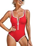 Charmo Zipper Front One Piece Swimsuit for Women Square Bathing Suit Removable Padded Swimming Costume Red M
