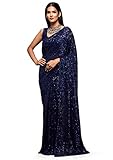 TRENDMALLS Women's Heavy Georgette Sequins work Saree with Unstitched Blouse Piece (K951-NavyBlue)