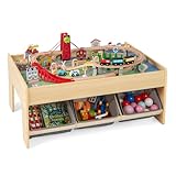 COSTWAY Wooden Train Table, Kids Train Track Activity Table with 2 Reversible Tabletops, 3 Fabric Drawers, 94 Accessories, DIY Railway Playset for Boys Girls (Natural+Grey Drawers)
