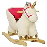 AIYAPLAY Rocking Horse, Unicorn Rocking Horse with Realistic Sounds, Safety Belt, Wooden Base, Plush Ride on Unicorn, for Ages 18-36 Months, Cream White