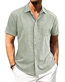J.VER Mens Linen Shirts Short Sleeve Green Summer Beach Holiday Regular Fit Casual Button Down Shirt M
