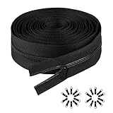 Black Zips for Sewing, 10 Meter/10.9 Yards Black Metal Coil Zipper by The Yards, Heavy Duty Long Replacement Endless Sewing Zippers for Repair DIY Cushions Bags, with 20 Pcs Pulls Zipper Sliders