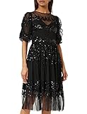 Maya Deluxe Womens Midi Dress Ladies Sequin Embellished Short Sleeve Dress for Wedding Guest Bridesmaid Prom Ball Evening Occasion Black Size 8 UK