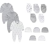 Ecojoy Baby Sleepwear Pack of 3 Newborn Sleepsuit with 5 Hats and Mittens, 0-12 Months Zip Sleep Suit