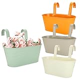 YAYODS 4Pcs Hanging Flower Pots, Colourful Fence Hanging Planters, Large Hanging Plant Pots Outdoor for Railing, with Detachable Hook, Metal Hanging Flower Pots for Fence Balcony Garden
